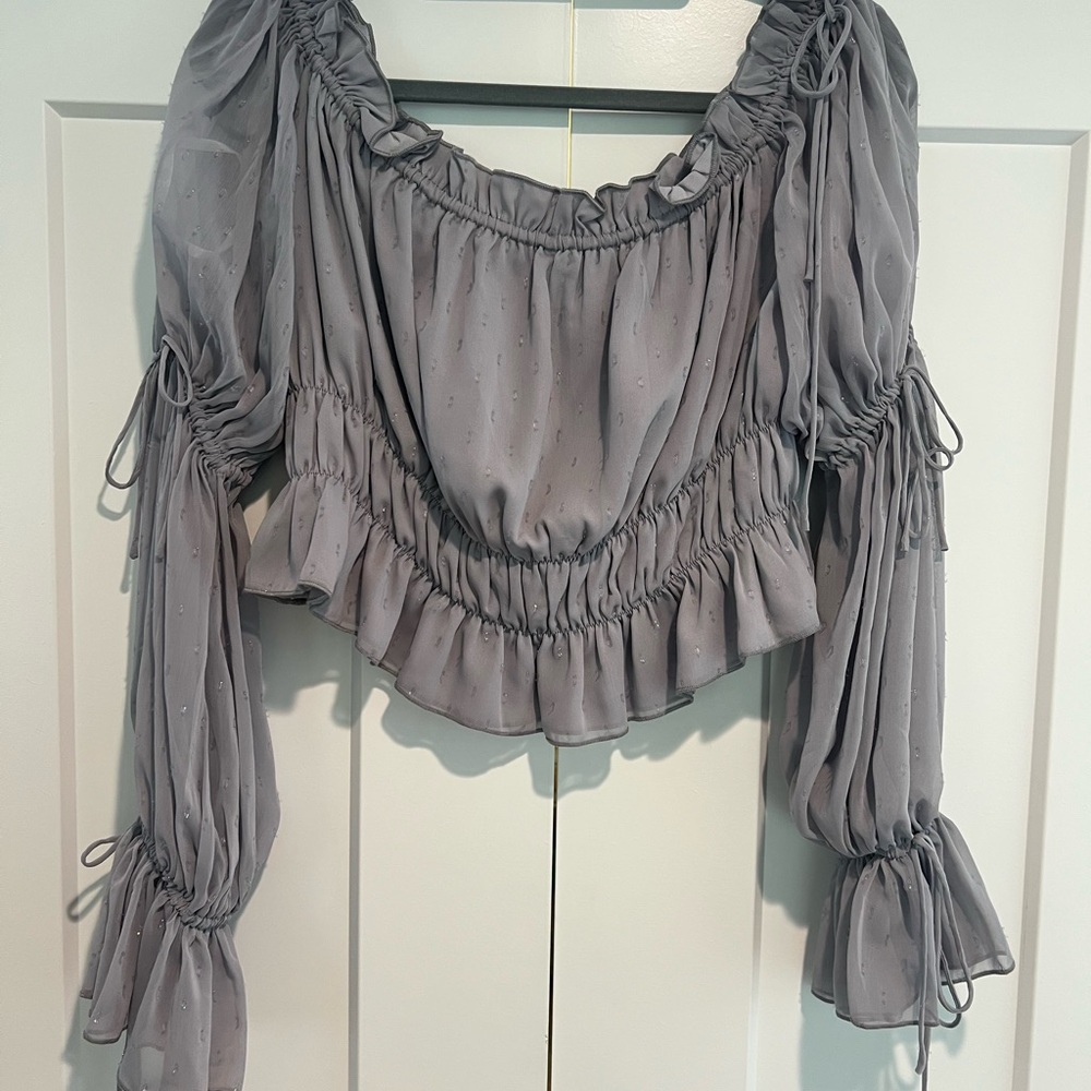 REVOLVE Gray Ruffled Crop Blouse
